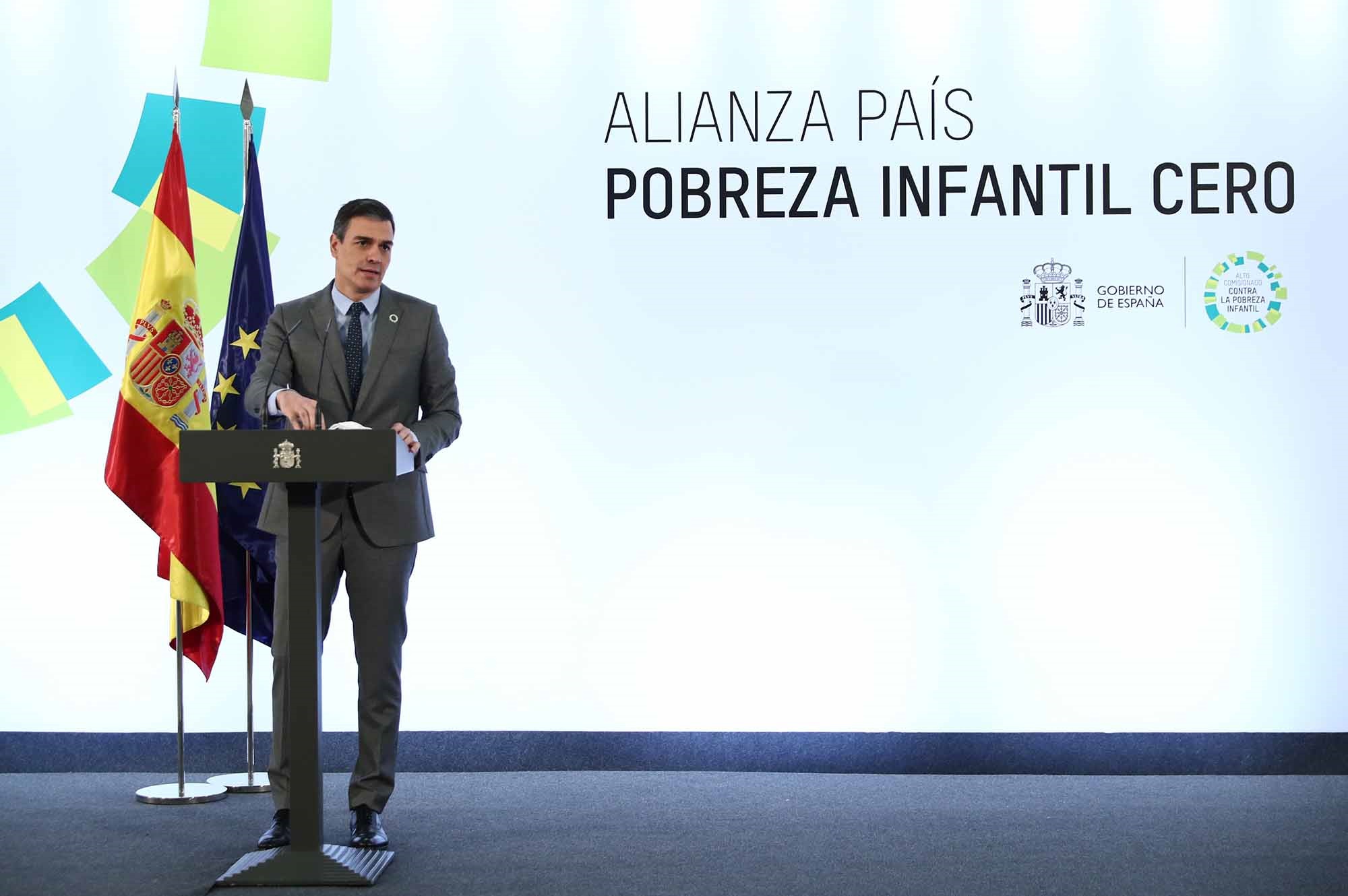 El presidente del Gobierno, Pedro Sánchez, en la presentación de la Alianza País Pobreza Infantil Cero. 