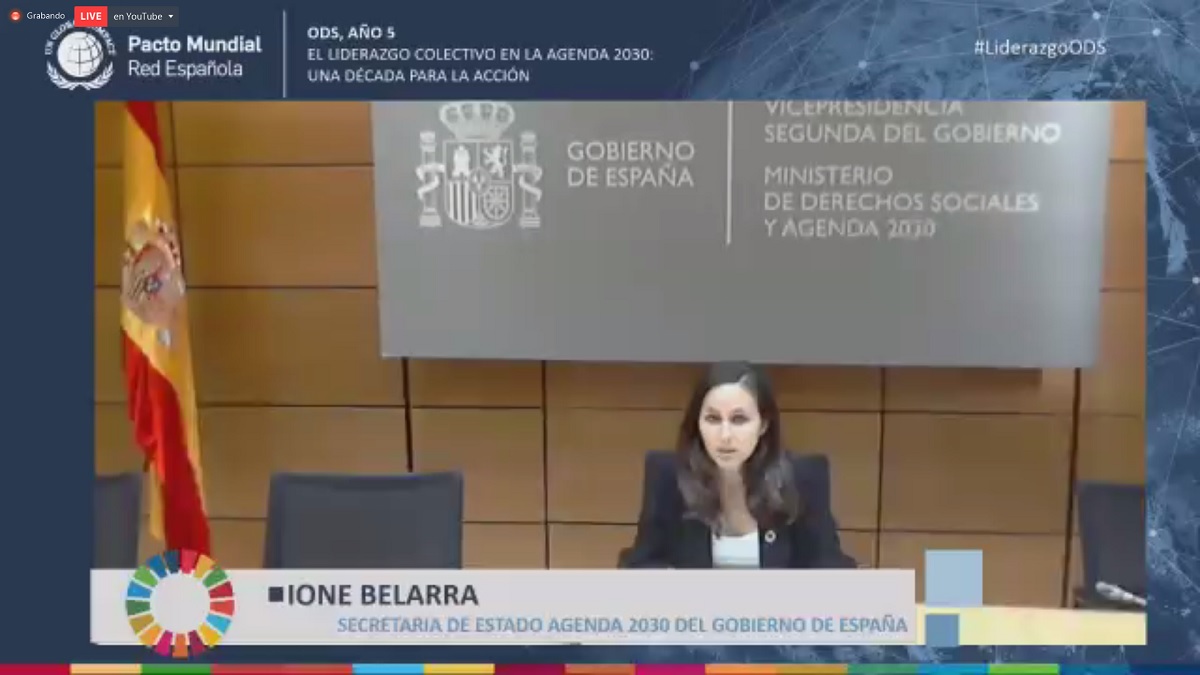 Ione Belarra en su intervención en la jornada de la Red Española del Pacto Mundial.