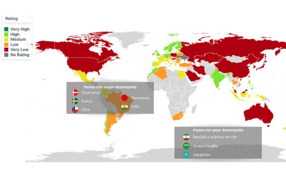 Mapa ilustrativo con los países mejor y peor posicionados respecto al cambio climático / Fuente: CCPI