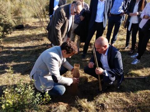 El alcalde de las Rozas, José de la Uz, y el presidente de LG, Jaime de Jaraiz, plantan un árbol junto al director de RRHH de Carrefour, Arturo Molinero.