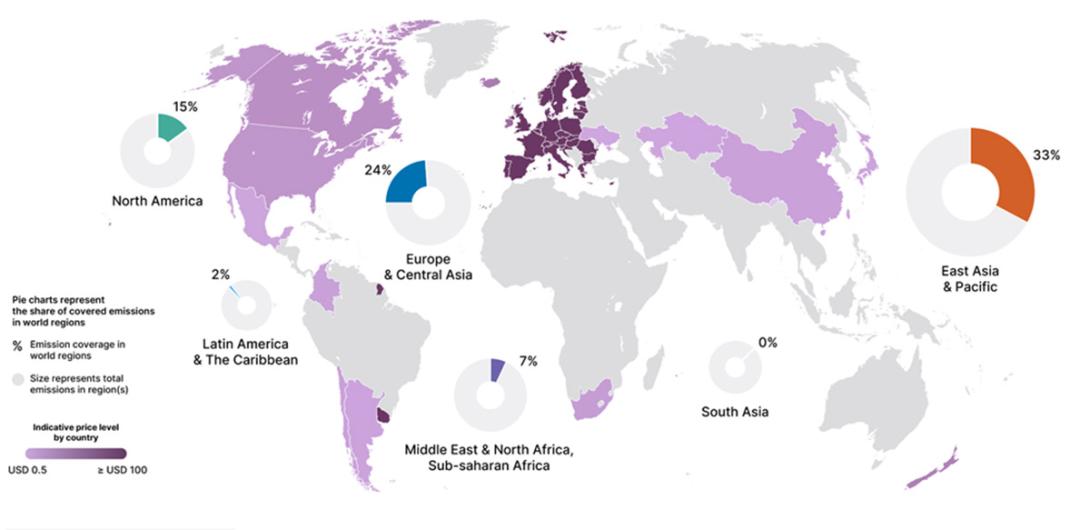 Mapa del rango de precios fijados para las emisiones de carbono por países.